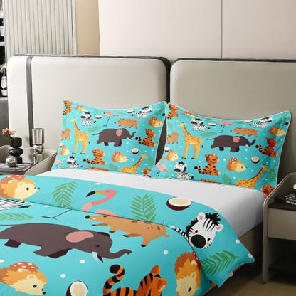 Blue Full Size Cartoon Animal Duvet Cover Set 3pcs - Tiger, Hedgehog, Zebra