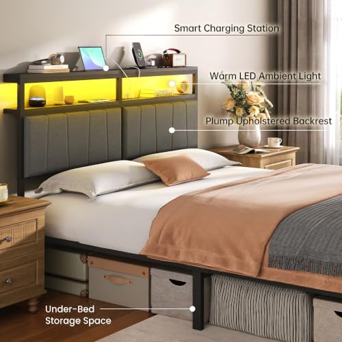 Queen Bed Frame with Storage Drawers and Charging Station - Grey, Queen Size