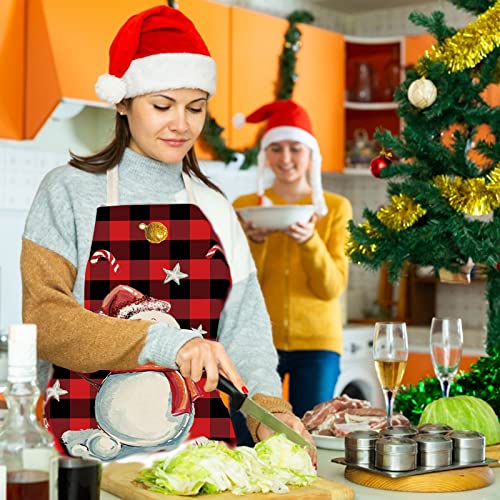 Christmas 4pcs Kitchen Aprons Set - Red Plaid Adjustable Cooking & Baking