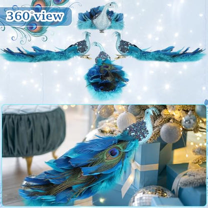 2 Pack Peacock Christmas Tree Ornaments Long Tail Feather Glitter Bird Decorations Classic Style