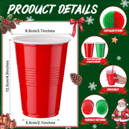 Christmas Red Green Plastic Disposable Cups with Straws - 120 Pcs Set