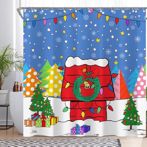 Christmas Cartoon Red House Shower Curtain 72x72 Inches - Waterproof Fabric