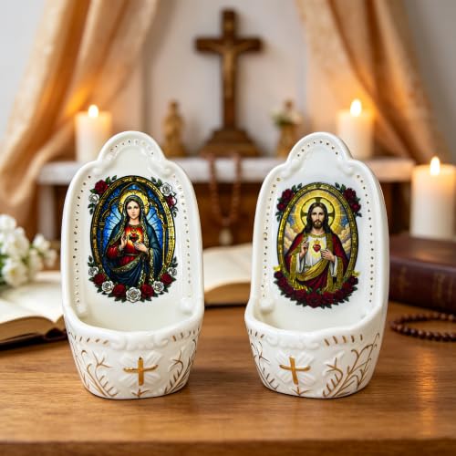 Porcelain Holy Water Font Wall Mount Immaculate Heart Devotional Artwork