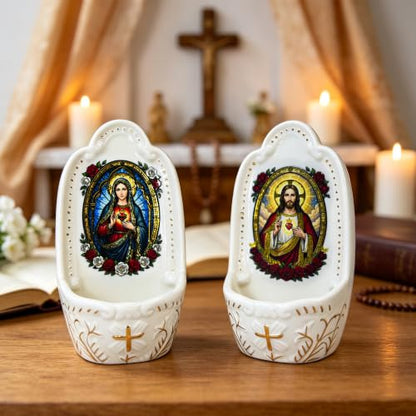 Porcelain Holy Water Font Wall Mount Immaculate Heart Devotional Artwork