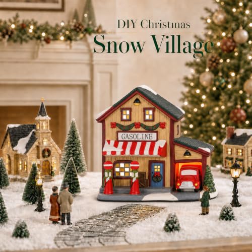 Christmas Village Houses Lighted Gas Station Ceramic Decor - Gasoline Variation