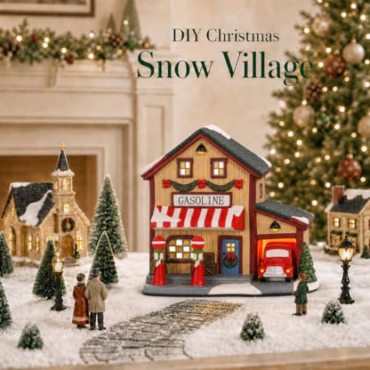 Christmas Village Houses Lighted Gas Station Ceramic Decor - Gasoline Variation