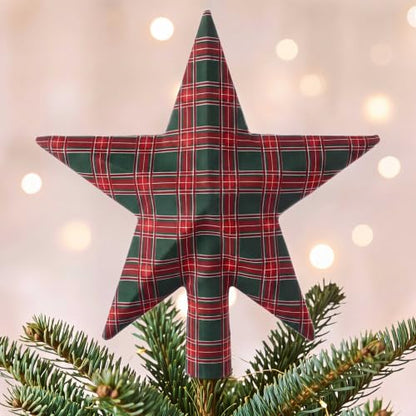 7.9 Inch Christmas Green Red Tartan Plaid Star Tree Topper - Rustic Holiday Decor
