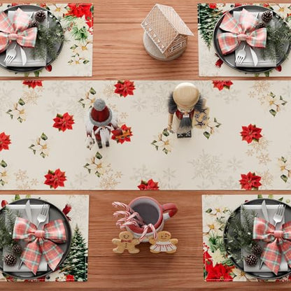 Snowman Poinsettia Christmas Table Runner 13x108 Inch Holiday Home Decor