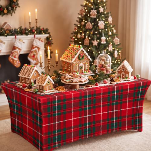 Christmas Plaid Spandex Tablecloth 6FT Red and Green Plaid - Fitted Holiday Table Cover - Variation: Plaid