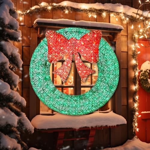 36-Inch Outdoor Christmas Wreath with 128 LED Lights and Bow - All Weather Yard Decor