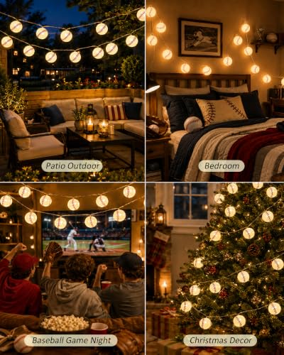 Baseball String Lights - Battery Operated 20 LED Bulbs for Room Decor, Party, Outdoor