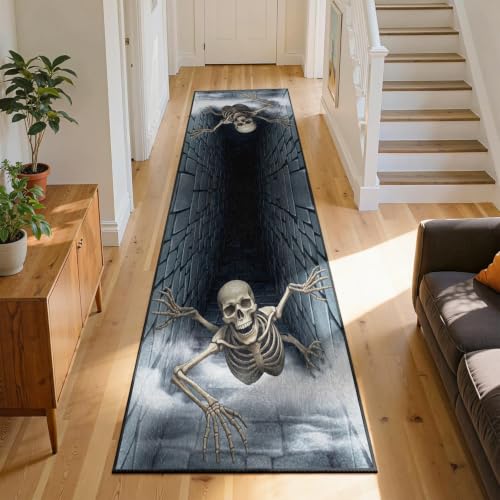 3D Halloween Skeleton Optical Illusion Runner Rug 2x7ft Long Hallway Carpet - Variation of 9 / Oblong