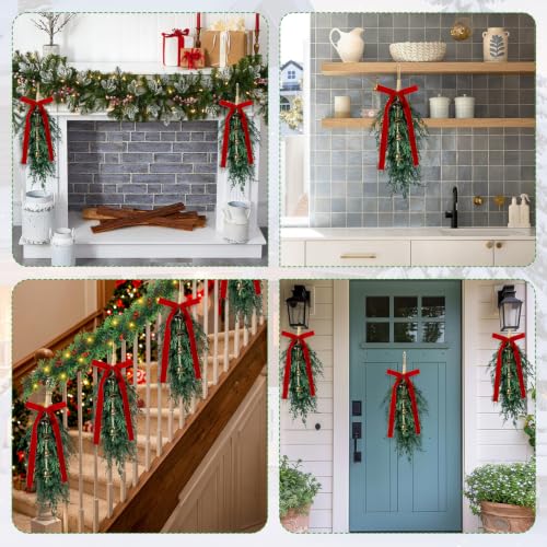 4 Pack Christmas Cedar Teardrop Swags with Velvet Ribbons & Bells - Burgundy