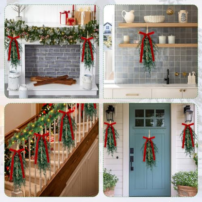 4 Pack Christmas Cedar Teardrop Swags with Velvet Ribbons & Bells - Burgundy