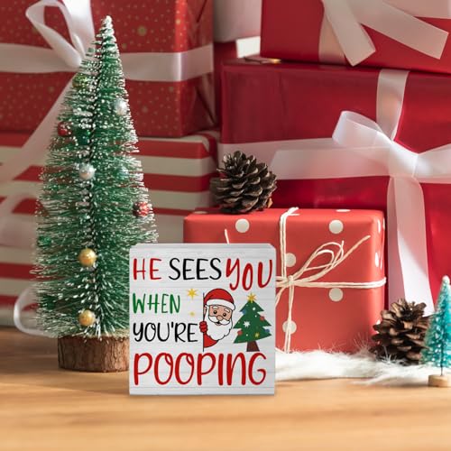 Funny Christmas Santa Bathroom Wooden Sign - Pooping 02 - Rustic Toilet Decor - 5x5 Inch
