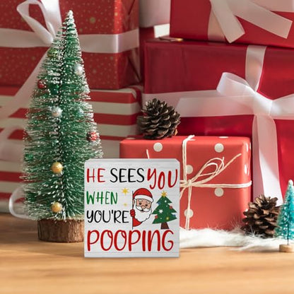 Funny Christmas Santa Bathroom Wooden Sign - Pooping 02 - Rustic Toilet Decor - 5x5 Inch