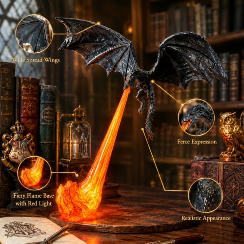 3D Fire-Breathing Dragon Shelf Decor with LED Light, Fantasy Bookend