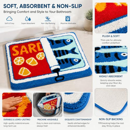 Fish Bath Mat 21x29 Inches - Fish-Shaped Non-Slip Absorbent Rug, Kids Bathroom Decor