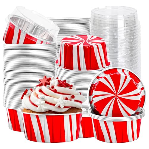 120Pcs Christmas Aluminum Foil Cupcake Liners with Lids - Red & White Holiday Party Bakeware