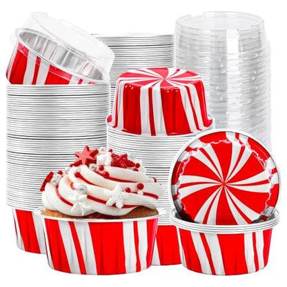 120Pcs Christmas Aluminum Foil Cupcake Liners with Lids - Red & White Holiday Party Bakeware