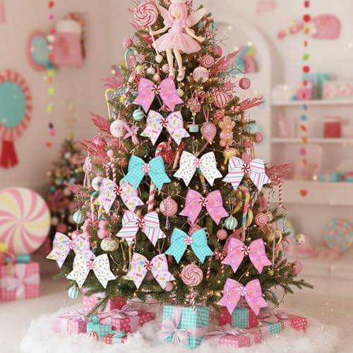 15 Pack Pastel Candy Christmas Tree Bows - 6.3 Inch Holiday Ornaments