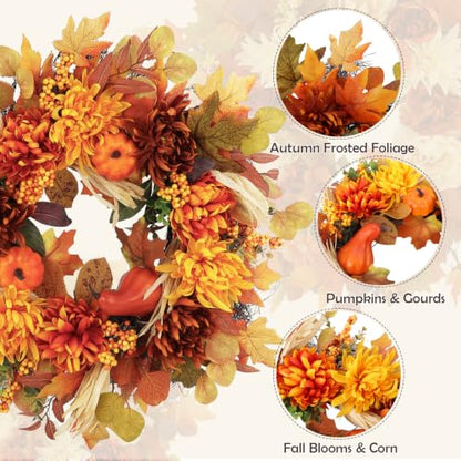 26-Inch Fall Wreath with Dahlia Pumpkin Berries - Autumn Harvest Front Door Decor - Golden Maple Variation