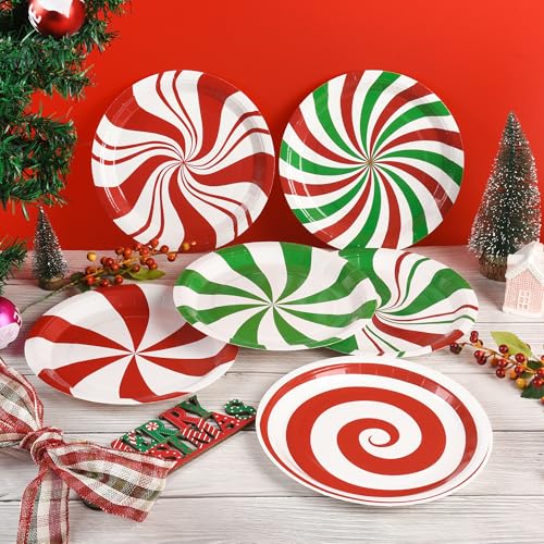Christmas Candy Paper Plates 48 Count, 9 Inch Peppermint Swirl Party Dinnerware
