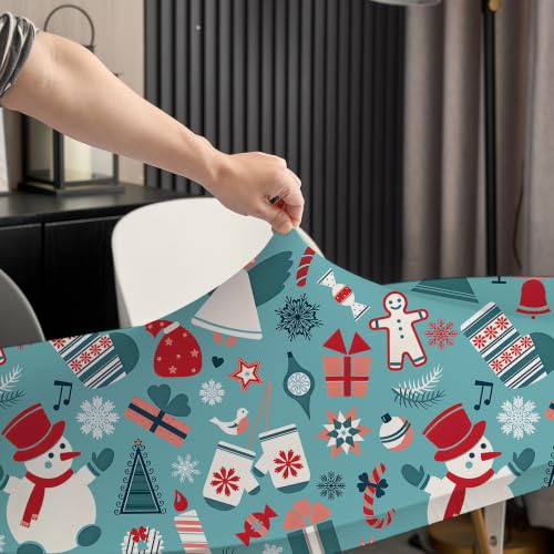 Christmas Oval Fitted Tablecloth 48x68 Inch Elastic Holiday Table Cover - Teal Blue