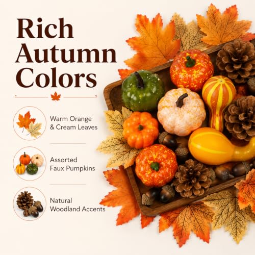 70-Piece Fall Decoration Set with Artificial Pumpkins Acorns Pinecones & Maple Leaves