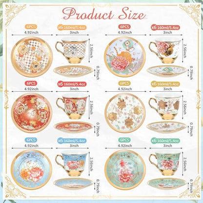 Teenyyou Set of 36 Floral Porcelain Tea Cups and Saucers - Stylish 5.4 Oz Variation