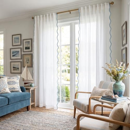 Light Blue and White Scalloped Curtains 50W x 63L Set - Semi-Sheer Drapes for Bedroom & Living Room