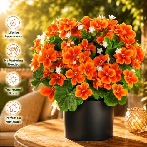 15-Inch Artificial Geranium Flower in Pot - Fall Decor, Orange