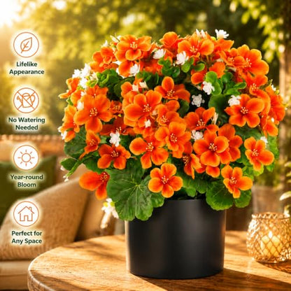 15-Inch Artificial Geranium Flower in Pot - Fall Decor, Orange