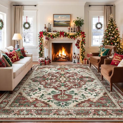 Red Christmas Area Rug 9x12 - Boho Vintage Floral, Non-Slip Backing, Washable