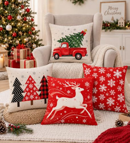 Christmas Pillow Covers 18x18 Inch Set of 4 Double-Sided Linen Decor - Holiday