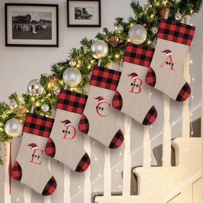 Personalized 20 Inch Monogram Burlap Christmas Stocking - Letter H, Red Black Buffalo Plaid