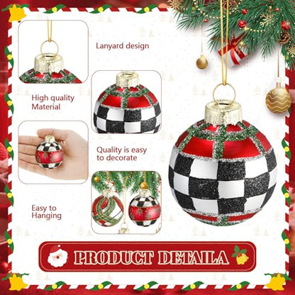 Christmas Plaid Tartan Glass Ball Ornaments - Classic Red Green Black, 10 Pack