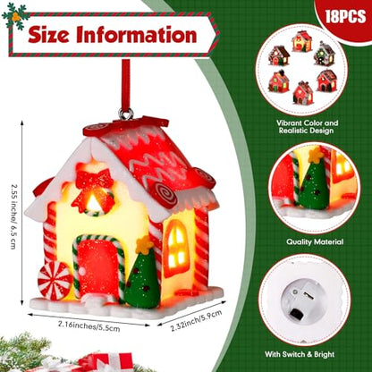 Christmas Gingerbread House Ornaments - 18 Lighted Holiday Decor - Classic