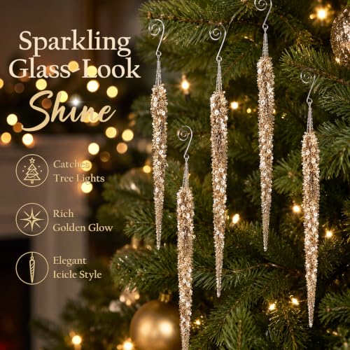 Gold Glass Glitter Icicle Ornaments Set of 6 - Christmas Tree Decor
