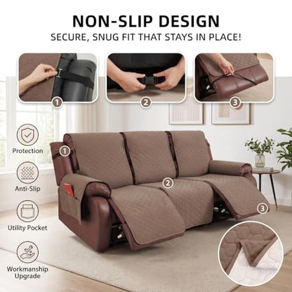 Brown Waterproof 3-Seater Recliner Couch Cover, Reversible Sofa Protector with Pockets