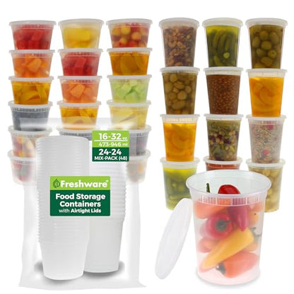 Freshware 48 Pack of 16 and 32 oz, 24 sets each size Food Storage Containers with Lids, Plastic Deli Containers, Meal Prep Containers, Microwave and Freezer Safe, Stackable, Leakproof, BPA Free, Clear