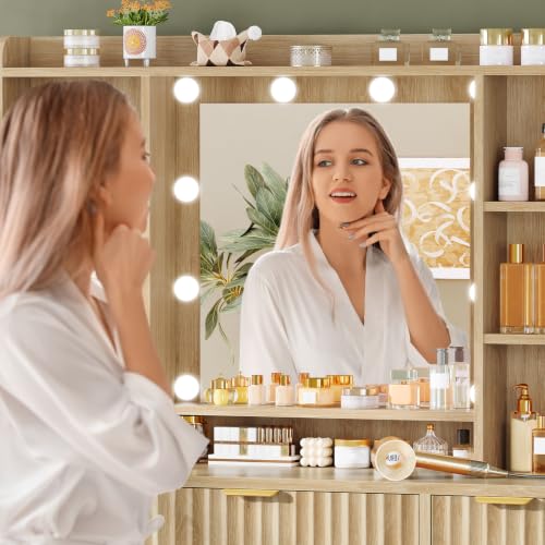 Fluted Vanity Desk with Mirror & 9 Drawers, 6 Open Shelves, 10 Bulbs, 3 Lighting Modes, Built-in Outlet