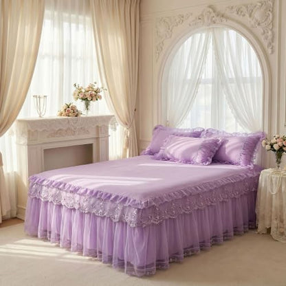 Queen Size Lace Ruffled Bed Skirt - Light Purple 60x80in Romantic Tulle Dust Ruffle