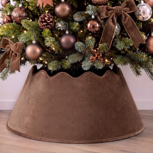 Brown Velvet Christmas Tree Collar 28 Inch with Scalloped Edge - Holiday Decor