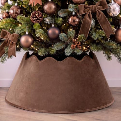 Brown Velvet Christmas Tree Collar 28 Inch with Scalloped Edge - Holiday Decor