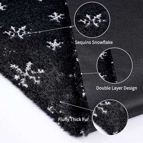 Fur Christmas Table Runner with Silver Sequin Snowflakes - Black, 13 x 108 Inches - Holiday Home Decor
