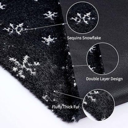 Fur Christmas Table Runner with Silver Sequin Snowflakes - Black, 13 x 108 Inches - Holiday Home Decor