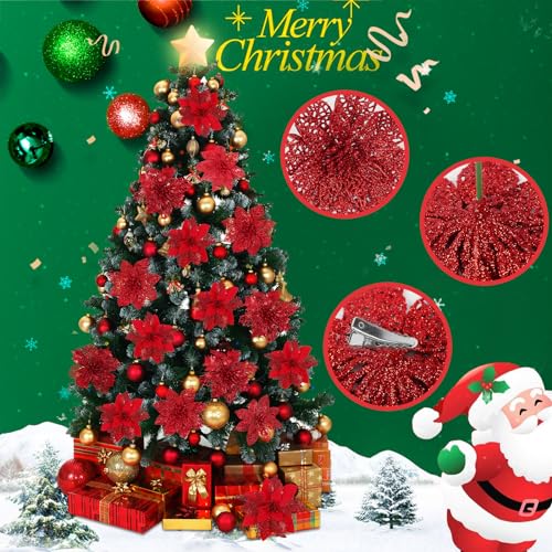 Artificial Red Christmas Poinsettia Flowers & Berry Picks - Holiday Decor, 66 pcs