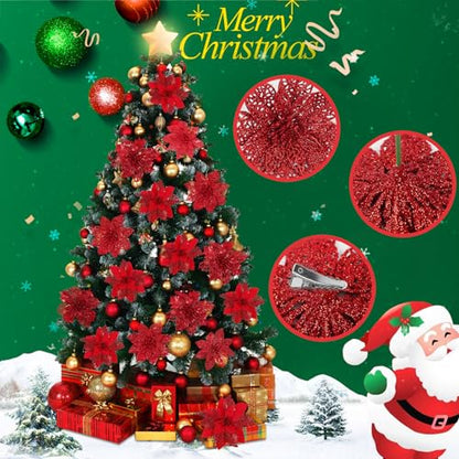 Artificial Red Christmas Poinsettia Flowers & Berry Picks - Holiday Decor, 66 pcs