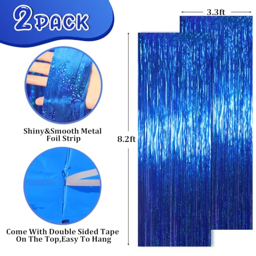 Laser Blue Foil Fringe Backdrop Curtains - 2 Pack 3.3x8.2 Feet - Variation of Laser Blue / 2